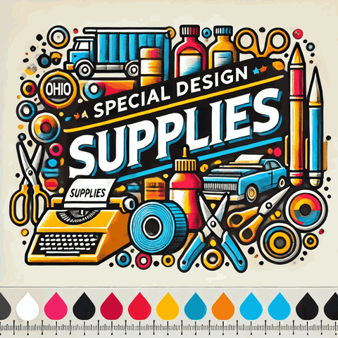 Vibrant supplies design featuring printing tools and equipment, ideal for DTF transfers by Ohio Transfer