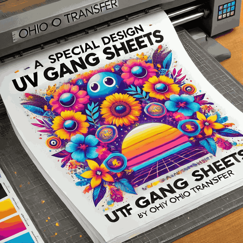 UV Gang Sheets design featuring multiple vibrant UV prints grouped together on a sheet, showcasing efficiency and bright, high-quality colors, perfect for DTF transfers by Ohio Transfer